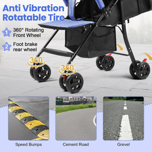 Grebest 4-Season 0-2 10kg Travel Baby Stroller, One-Hand Folding Infant Pushchair with Adjustable Backrest, Canopy