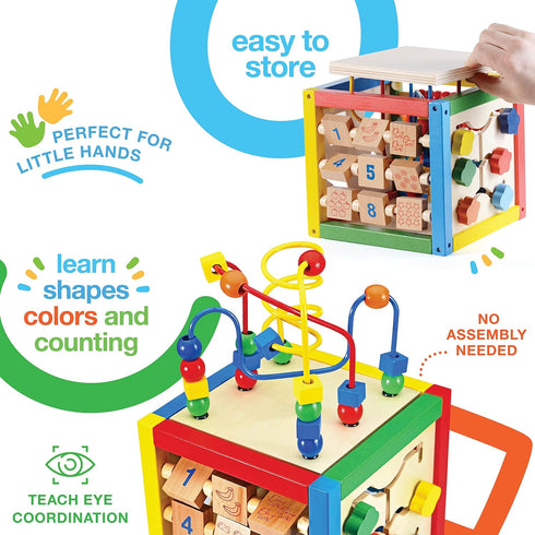 Play22 6 in-1 Counting Counting 8Pcs Wooden Activity Cube for Baby - Baby Activity Play Cube with Bead Maze, Shape