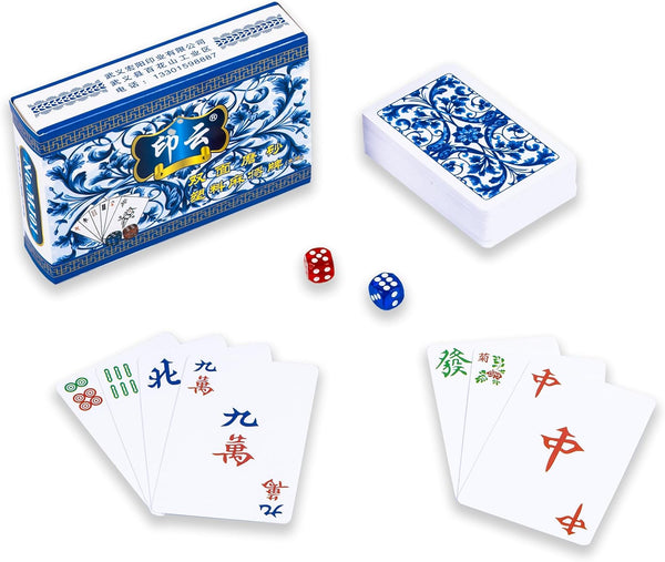 drizzle Poker Mahjong Playing Cards Table Game, Chinese Blue and White Porcelain Design, 144 Card Chips Set
