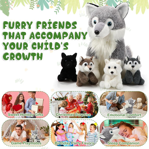 Honoson 5 Set 14 Inch Mommy 4 Pcs Wolf Plush Toy Wolf Stuffed Animal with Babies Soft Plushie for Boys Girls Birthday