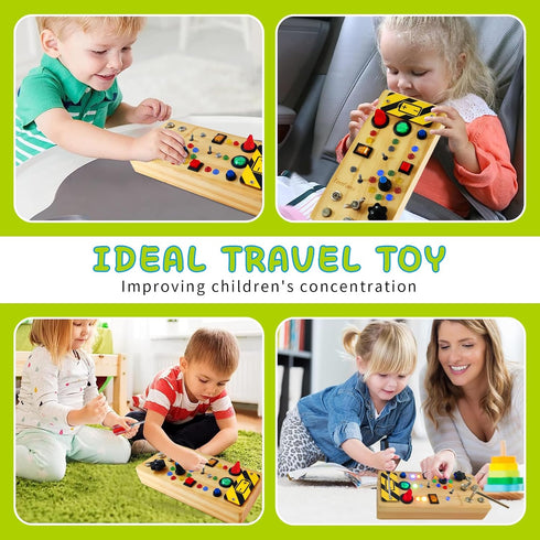 TenFans Wooden Montessori Busy Board with LED Light Switch, Sensory Toy for Toddlers 3+ Year Olds