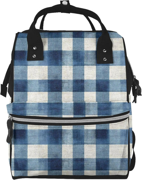 Qewfoju Dusty blue Gingham 3 Pattern Diaper Bag Backpack Multifunctional Baby Bags for