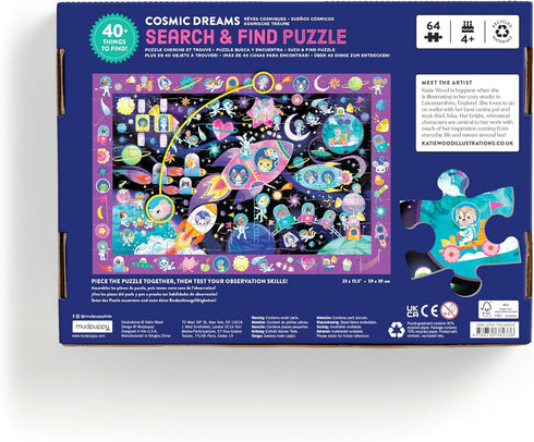 Mudpuppy Cosmic Dreams – 64 Piece Search & Find Jigsaw Puzzle Featuring Cats in A Whimsical Outer Space Wonderland