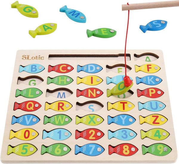 Magnetic Wooden Fishing Game Toy for Toddlers, Alphabet ABC Fish Catching Counting Learning Education Toys