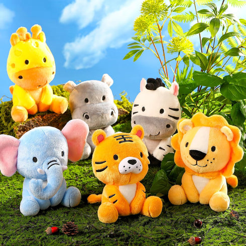 6 Pcs Small Stuffed Safari Animals, 7 Inch Plush Jungle Toys - Lion, Zebra, Giraffe, Tiger, Hippo, Elephant