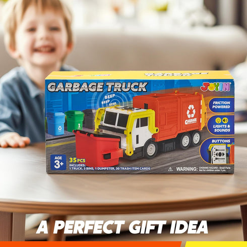 Set, JOYIN Large Friction Powered Garbage Truck Toy Includes Dumpster, Trash Bins, and Learning Cards for Kids, Orange