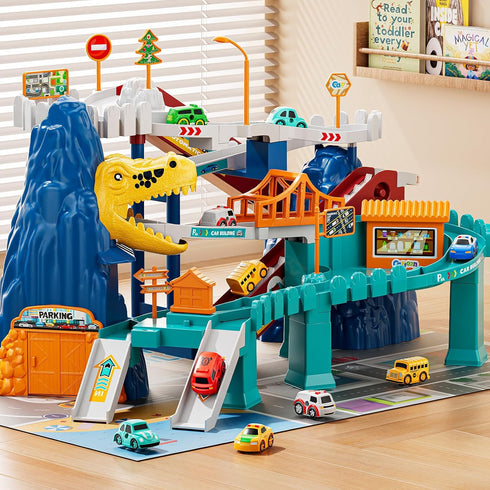 NIPLOOOW Playset 3-5, Set 10 3 4 5 6 7 8 Dinosaur Race Track for Boys Kids Dinosaur Climbing Hills Car Track Play