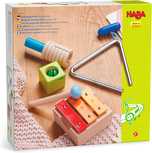 305922 2 HABA Musical Sounds Musical Joy- with Its Triangle, Jingle Bell Block, Mini metallophone and Rattle, Different