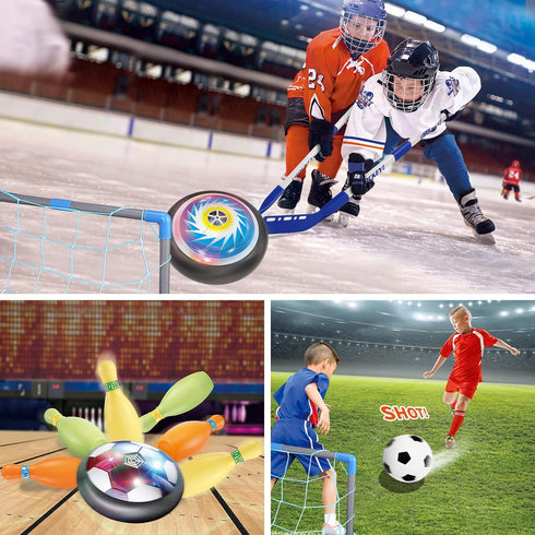 HopeRock 3-in-1 Hover Soccer Ball Hockey Bowling Set, Indoor and Outdoor Toys for Kids Ages 3-12 with LED Lights
