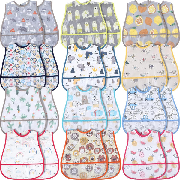 Jeyiour 24 Pcs Baby Waterproof Bibs with Food Catcher Adjustable Snaps Plastic