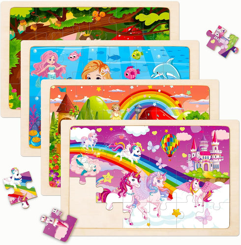 Sticeard Wooden Puzzles for Kids Ages 4-6,Unicorn Princess Mermaid Fairy Kid Puzzles,24pcs Puzzles