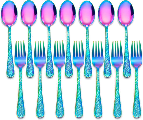 LIANYU 14-Piece Kids Silverware Set, Rainbow Toddler Utensils Flatware Set, Stainless Steel Child Cutlery Set