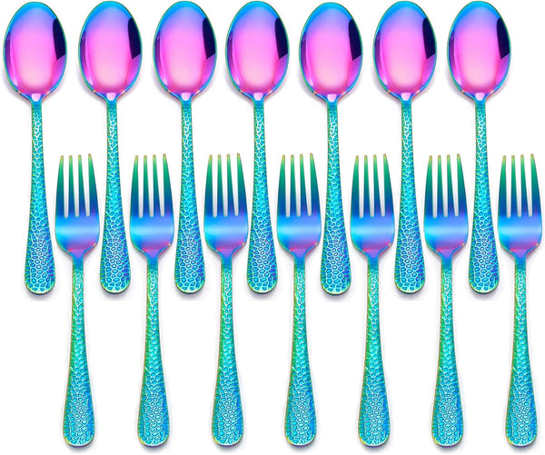 LIANYU 14-Piece Kids Silverware Set, Rainbow Toddler Utensils Flatware Set, Stainless Steel Child Cutlery Set