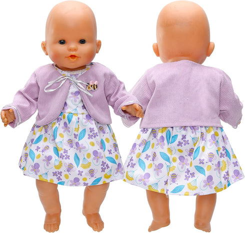 14-16 Inch 2-Piece Set Baby Doll Clothes for Baby Dolls Cute Handmade Purple bee Dress with Purple a Coat