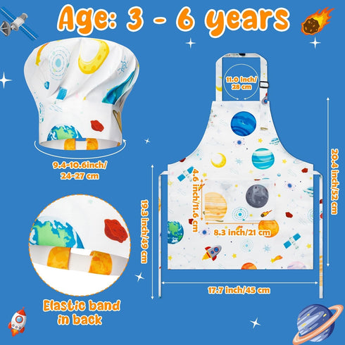 GROBRO7 4Pcs Set 2 Kids Apron and Chef Hat Gift for Girls Boy, Space Theme Pattern Adjustable Kitchen Toddler Aprons