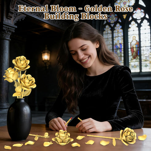 QIFUN Set 3 Gold Roses Flower Building - Roses Bouquet Botanical Building Blocks for Adult, Home Decor Romantic