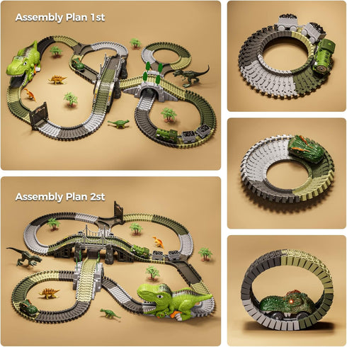 TUMAMA Dinosaur Toys Race Track, 281 Pcs Dinosaur Train Set for Kids 3-5 5-7, Flexible Tracks with 4 Dinosaurs, 2