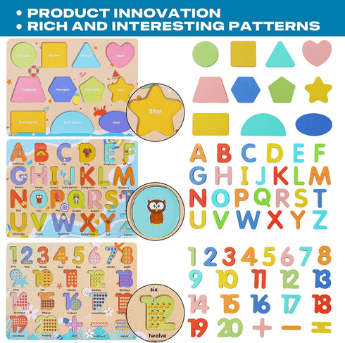 Wooden Puzzles for Toddlers - Voamuw Alphabet Number Shape Learning Education Toys for Kids Ages 3-6 (Set of 3)