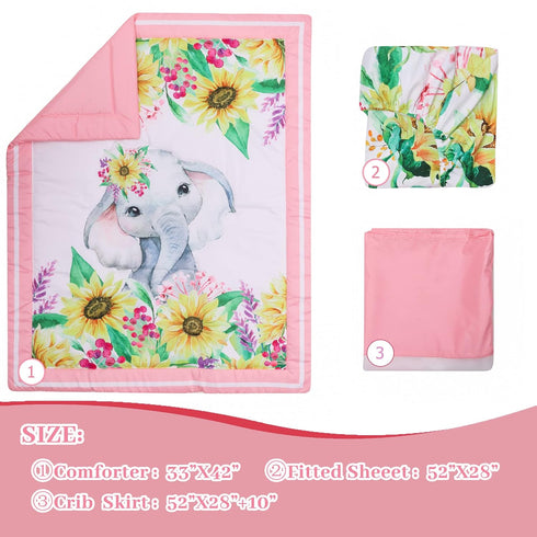 Set 3 Set Set Cloele Crib Bedding for Baby Girls - Piece Elephant Baby Bedding Includes Pink Crib Skirt Crib Quilt