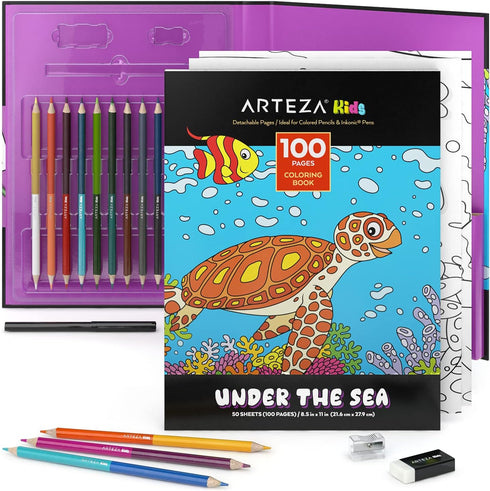 Arteza Kids Coloring Book and Pencils Kit, 8.5x11 Inches, Sea Creature Illustrations, 50 Sheets, 12 Colored Pencils
