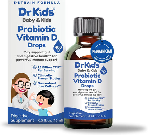 Dr. Kids Probiotic Vitamin D Drops Supports Infant & Child Gut Health,