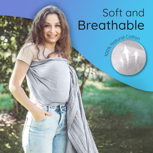 100% Ring Sling Baby Carrier - USA Lab Tested, Natural Cotton Muslin, Breathable & Ergonomic Ring Sling Grey