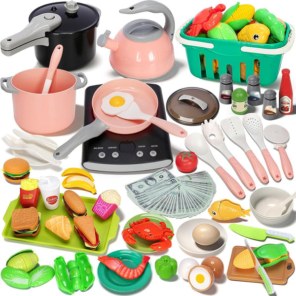 168Pcs Kids Play Kitchen Accessories Toy Set, Pretend Cooking Food Playset with