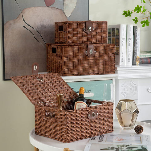Set of 3 Woven Wicker Storage Baskets with Lid & Lock, Multifunctional Organizer for Nursery, Baby, Clothes