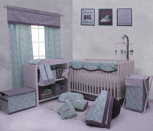 Bacati Clouds in The City Quilted Changing Pad Cover, Mint/Grey