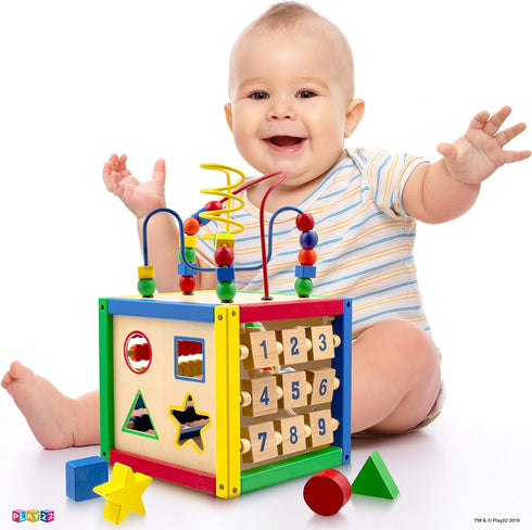 Play22 6 in-1 Counting Counting 8Pcs Wooden Activity Cube for Baby - Baby Activity Play Cube with Bead Maze, Shape