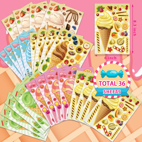 Ice Cream Party Kids Sticker Sheets, 36 Sheets Build Your Own Stickers, Mix And Match Ice Cream Decals Stickers, DIY Crafts Stickers Face Stickers, Todders Activities, Donut Themed Party Decorations
