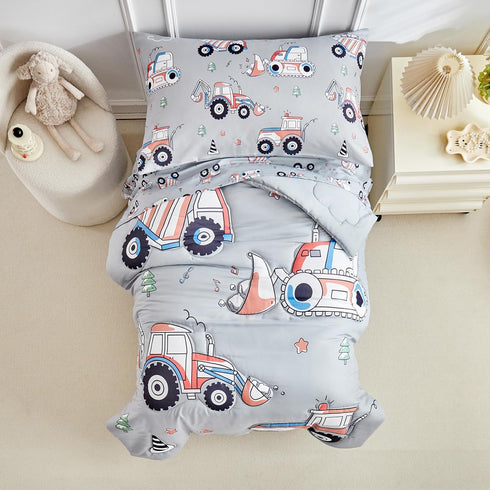 Set Boys,4 Set,Truck Set Construction Toddler Bedding for Pieces Gray Toddler Comforter Vehicles Excavator Cars