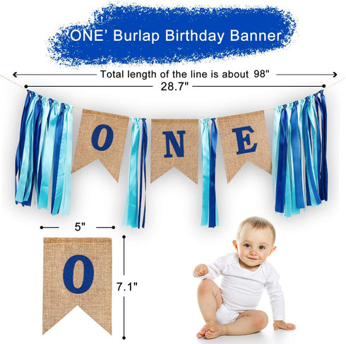 1st Birthday Boy Decorations with Burlap Highchair Banner, Blue Hat Crown, Cake Topper for Happy First Birthday Party