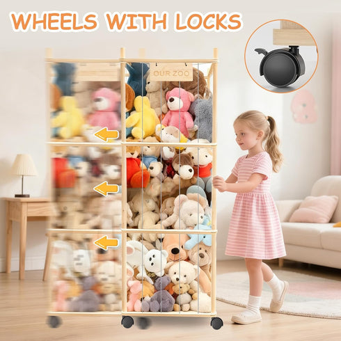 56" yofit Stuffed Animal Storage Organizer with Wheels, Plush Storage Wooden ZOO with Removable Dust-Proof Cover