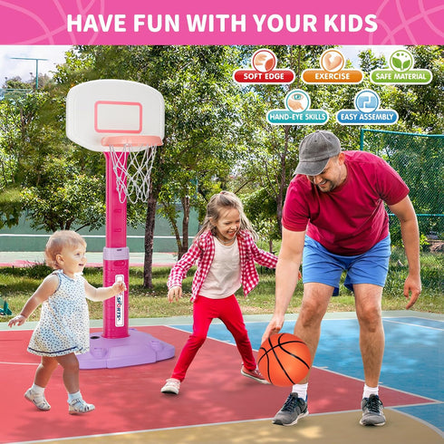 Adjustable Toddler Basketball Hoop Indoor for Ages 1-3, Pink Mini Hoop with 3 Balls for Outdoor Poolside Gift