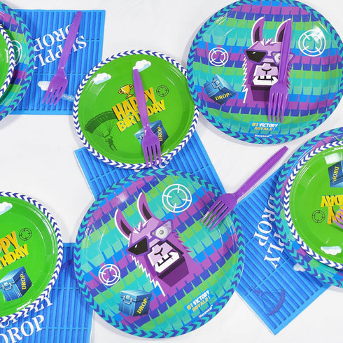 64Pcs Video Games Llama Party Tableware Supplies Including 32 Pcs Plates, 16 Pcs Forks and 16 Pcs Napkins, Video Games Theme Party Birthday Decorations