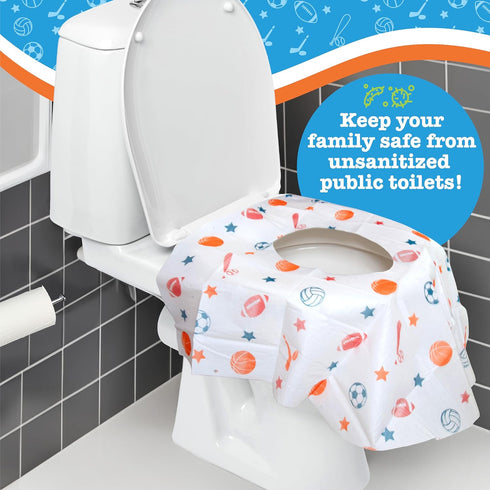 Disposable Toilet Seat Covers (6 Pack, Sports) - XL Waterproof Cover for Toddlers, Kids & Adults, Portable & Wrapped