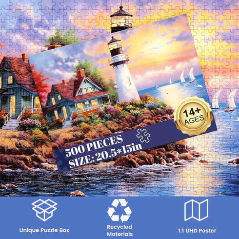 500 Piece Puzzle for Adults, Lighthouse, Recycled Cardboard Jigsaw Puzzles, Family Activity, Gift Idea 20.5X15 inches