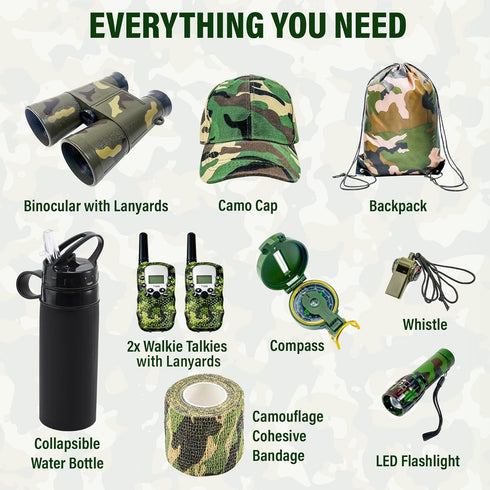 Outdoor Adventure Kit for Kids, Premium Camouflage Camping Gear with Walkie-Talkies, 10 in 1 Explorer Gear Set