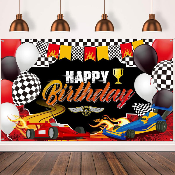 Car Racing Happy Birthday Backdrop, Car Themed Party Decorations, Photo Background for Birthday Photography Decor