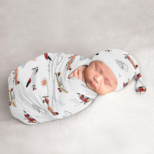 Sweet Jojo Designs Vintage Airplane Boy Baby Cocoon Swaddle and Beanie Newborn