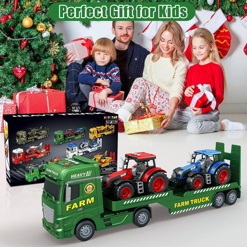 Yiwsnust 25.6 2 3-8 Large Flatbed Semi Truck, Large Farm Truck Toy with Tractors, Friction Powered Farm Transport Truck