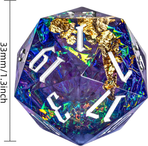 Cusdie Single D20 DND Dice: 33mm Handcrafted Polyhedral Dice with Sharp Edges and Glitter Foil
