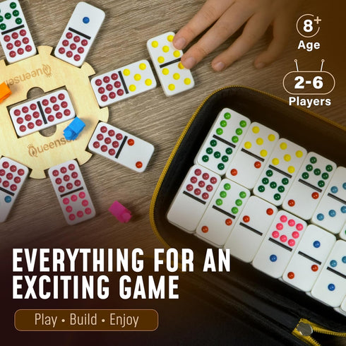 9 Set Set 55 Queensell Double Dominos for Adults and Kids with Colored Dots Classic Dominoes Game with Tiles, Wooden