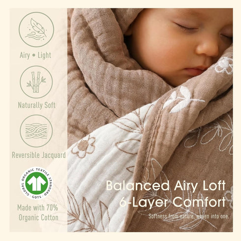 6-Layer 43" 43",Leaf Muslin Baby Blanket Made with Organic Cotton - Nature Inspired Pattern,Swaddle & Crib Quilt, x