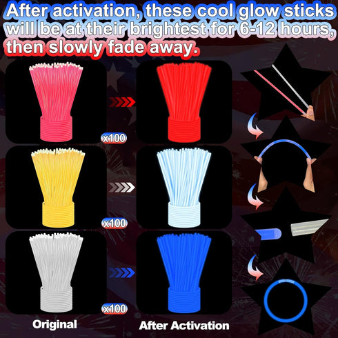300 Pack 4th of July Glow Sticks Party Favors with Connectors, Patriotic Red White Blue Glow Accessories for