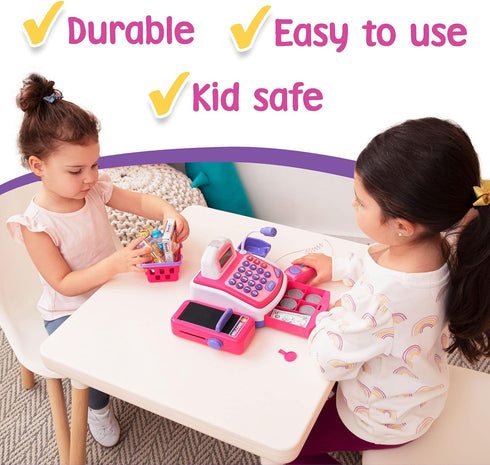 Set Prextex Grocery Store Pretend Play Electronic Toy Cash Register - STEM Cash Register for Kids with Microphone, Play