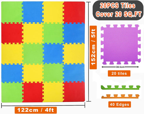 Kangler 20pcs Kids Puzzle Play Mats, Extra Large Colorful Foam Flooring Tiles, Interlocking Floor Mats with Borders