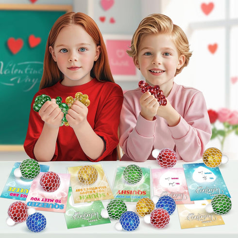 24 Valentines Day Cards for Kids School Classroom, Stretch Squeeze Balls Fidget Toys with Valentines' Cards, Valentines