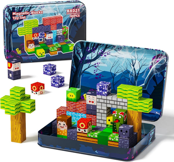 Voxifyx Magnetic Building Blocks, 48 Piece Set with Portable Iron Box, Kids Toys